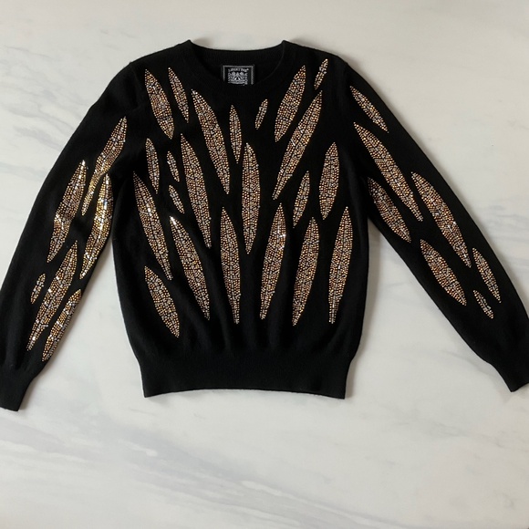 Libertine Black Cashmere Gold Beaded Feathers Embellished Sweater M - Picture 1 of 5